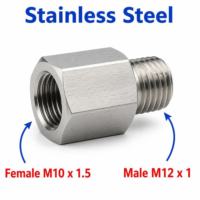 Stainless steel MC Motoparts M10x1.5 female to M12x1 male sensor adaptor fitting for conversion, showing threaded ends and smooth finish.