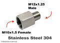 Stainless steel M10x1.5 female to M12x1.25 male sensor adaptor fitting for conversion, shown in close-up.