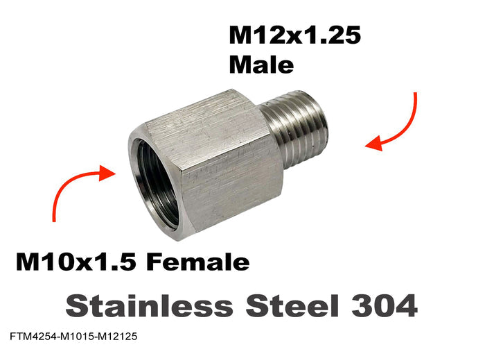 Stainless steel M10x1.5 female to M12x1.25 male sensor adaptor fitting for conversion, shown in close-up.