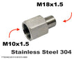 Stainless steel M10x1.5 female to M18x1.5 male sensor adaptor fitting for conversion, by MC Motoparts.