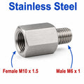 Stainless steel M10x1.5 female to M6x1 male sensor adaptor fitting for conversion, made by MC Motoparts.