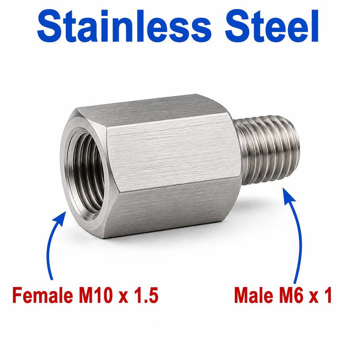 Stainless steel M10x1.5 female to M6x1 male sensor adaptor fitting for conversion, made by MC Motoparts.