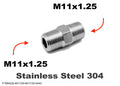 Stainless steel M11x1.25 male to M11x1.25 male sensor adaptor fitting by MC Motoparts, showing threaded ends and smooth surface.