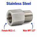 Stainless steel M12x1 female to 1/2 inch NPT male sensor adaptor fitting for conversion, designed by MC Motoparts.