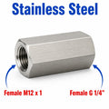 Stainless steel M12x1 female to BSP G 1/4 inch female sensor adaptor fitting for conversion, made by MC Motoparts.