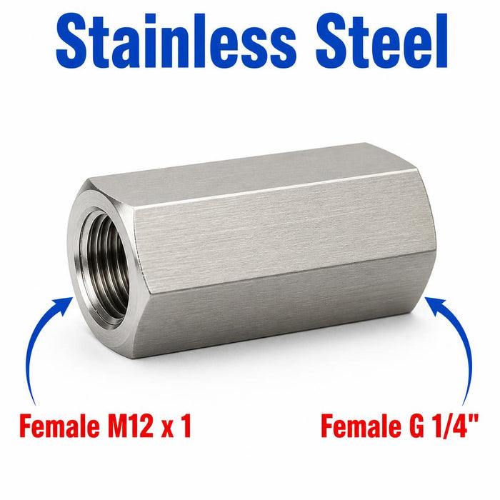 Stainless steel M12x1 female to BSP G 1/4 inch female sensor adaptor fitting for conversion, made by MC Motoparts.