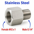 Stainless steel M12x1 female to BSP G 1/4 inch male sensor adaptor fitting for conversion, designed by MC Motoparts.