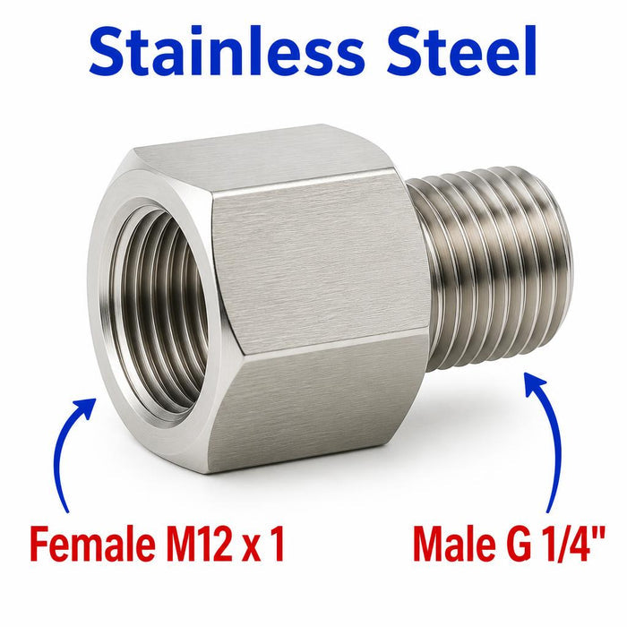 Stainless steel M12x1 female to BSP G 1/4 inch male sensor adaptor fitting for conversion, designed by MC Motoparts.