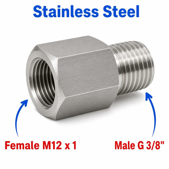 Stainless steel M12x1 female to BSP G 3/8 inch male sensor adaptor fitting for conversion, MC Motoparts APS adaptor fitting.