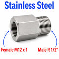 Stainless steel M12x1 female to BSPT tapered 1/2 inch male sensor adaptor fitting for conversion, MC Motoparts APS adapter fitting.