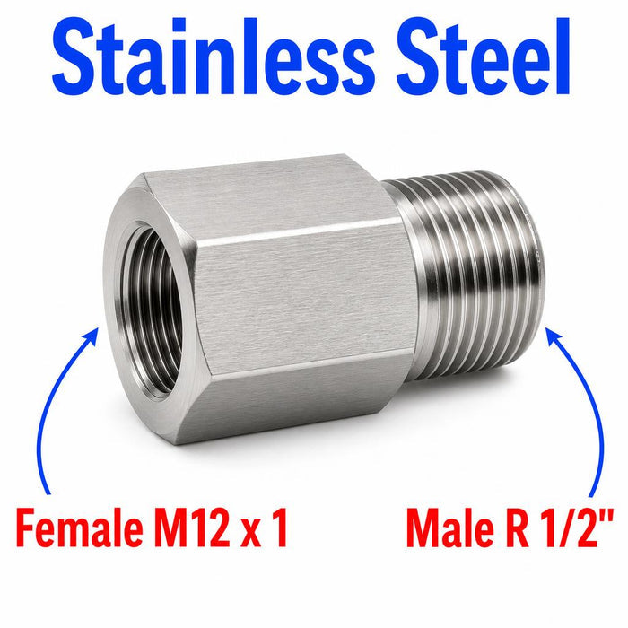 Stainless steel M12x1 female to BSPT tapered 1/2 inch male sensor adaptor fitting for conversion, MC Motoparts APS adapter fitting.