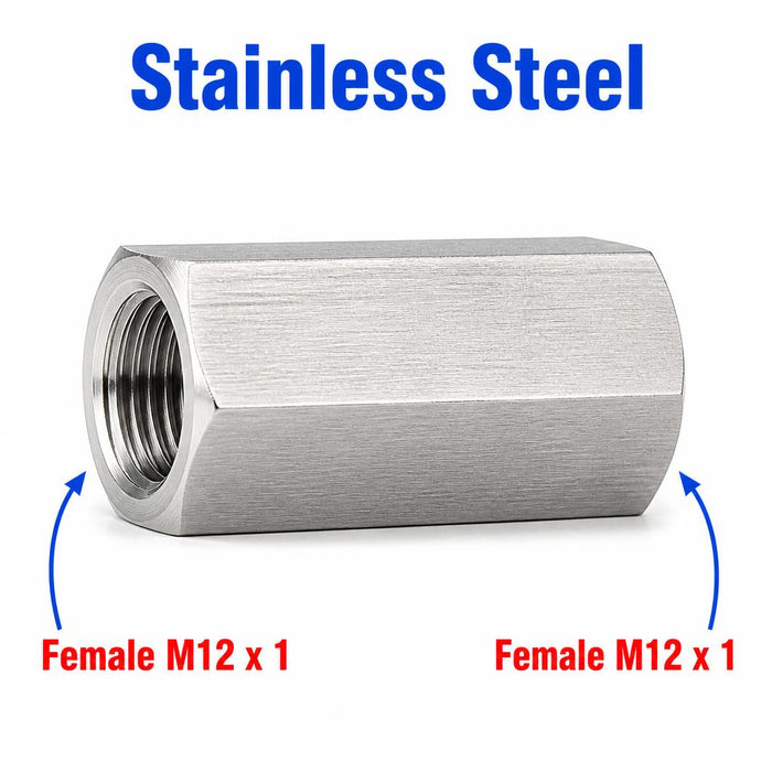 Stainless steel M12x1 female to M12x1 female sensor adaptor fitting by MC Motoparts, APS conversion fitting with durable metal construction.