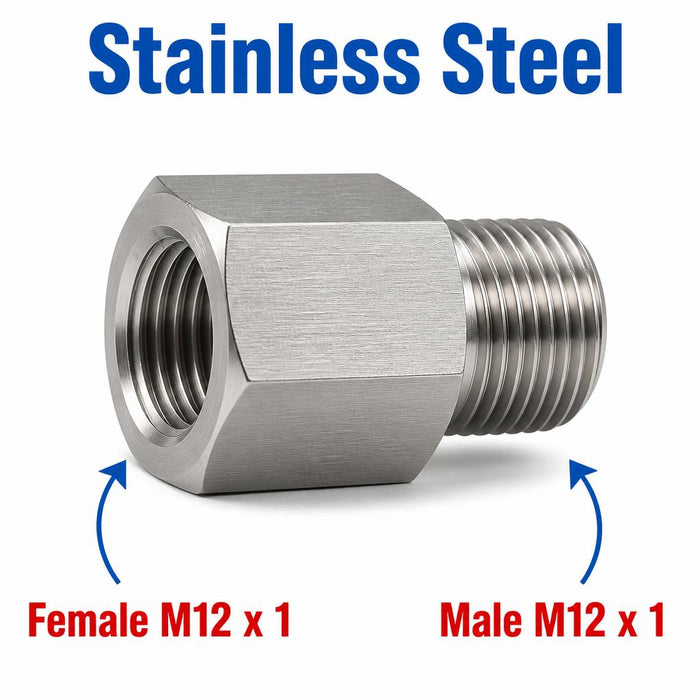 Stainless steel M12x1 female to M12x1 male sensor adaptor fitting by MC Motoparts, used for sensor connections and conversions.