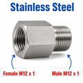 Stainless steel M12x1 female to M12x1 male sensor adaptor fitting by MC Motoparts, used for sensor connections and conversions.