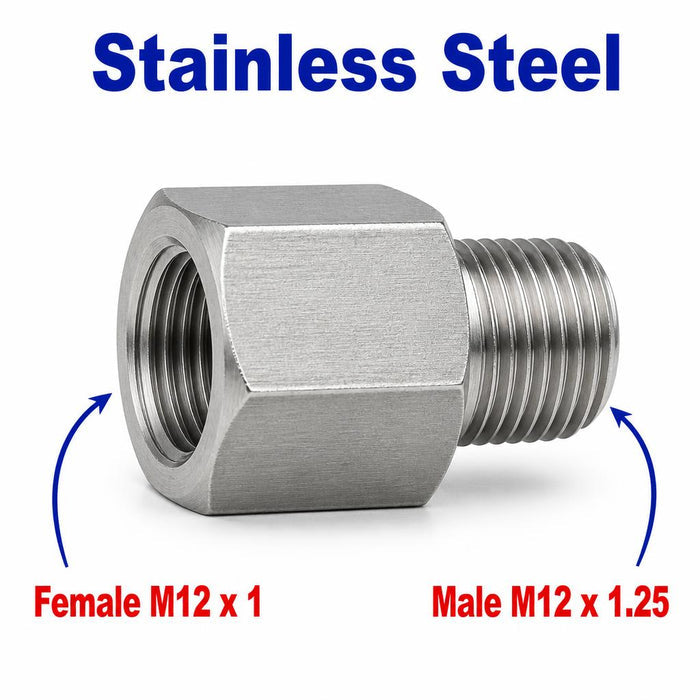Stainless steel M12x1 female to M12x1.25 male sensor adaptor fitting for conversion, MC Motoparts APS adaptor fitting.
