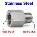 Stainless steel M12x1 female to M12x1.25 male sensor adaptor fitting for conversion, MC Motoparts APS adaptor fitting.