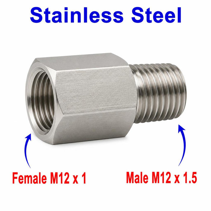 Stainless steel M12x1 female to M12x1.5 male sensor adaptor fitting for conversion, labeled APS adaptor fittings by MC Motoparts.