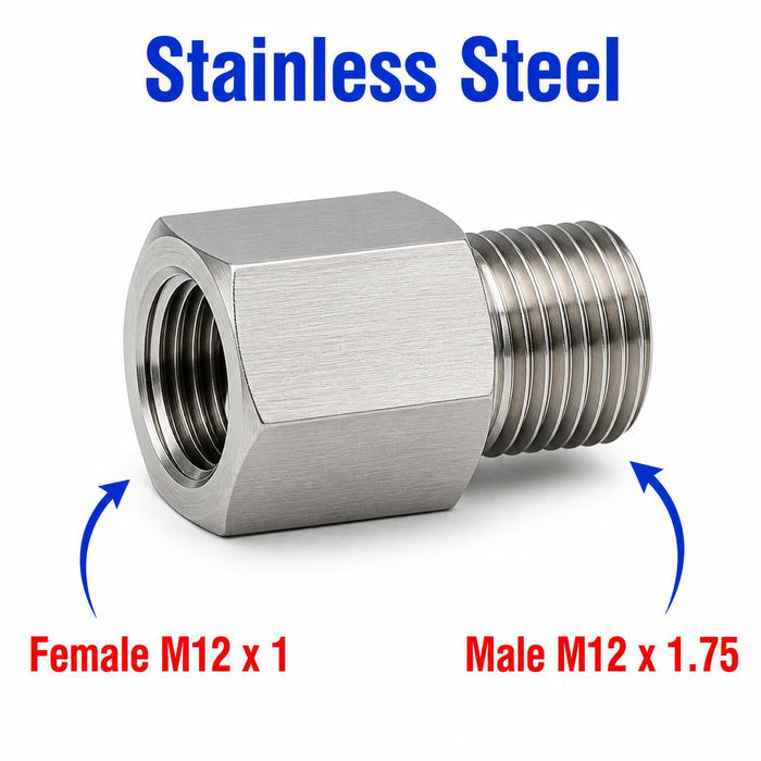 M12x1 female to M12x1.75 male stainless steel sensor adaptor fitting for conversion by MC Motoparts