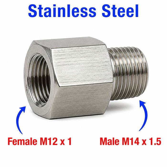 Stainless steel MC Motoparts APS M12x1 female to M14x1.5 male sensor adaptor fitting for conversion applications.