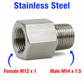 Stainless steel MC Motoparts APS M12x1 female to M14x1.5 male sensor adaptor fitting for conversion applications.