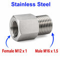 Stainless steel M12x1 female to M16x1.5 male sensor adaptor fitting for conversion by MC Motoparts, part APS0044.