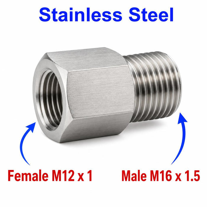 Stainless steel M12x1 female to M16x1.5 male sensor adaptor fitting for conversion by MC Motoparts, part APS0044.
