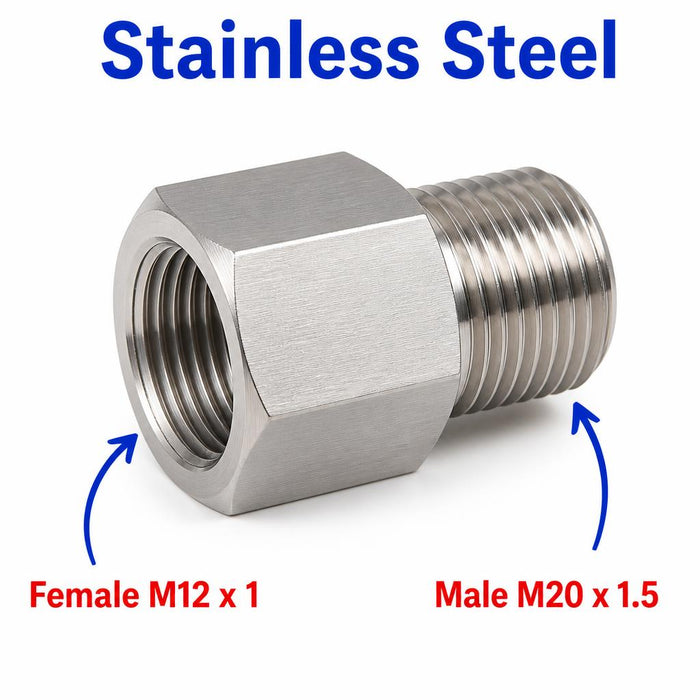 Stainless steel M12x1 female to M20x1.5 male sensor adaptor fitting for conversion, designed by MC Motoparts.