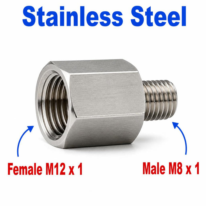 Stainless steel MC Motoparts M12x1 female to M8x1 male sensor adaptor fitting for conversion, showing threaded ends and metal finish.