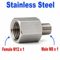 Stainless steel MC Motoparts M12x1 female to M8x1 male sensor adaptor fitting for conversion, showing threaded ends and metal finish.