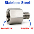 Stainless steel MC Motoparts M12x1 female to M8x1.25 male sensor adaptor fitting, APS conversion fitting for automotive use