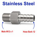 Stainless steel M12x1 male to 12mm barb sensor adaptor fitting, MC Motoparts APS conversion fitting for hydraulic or sensor connections.