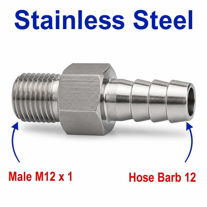 Stainless steel M12x1 male to 12mm barb sensor adaptor fitting, MC Motoparts APS conversion fitting for hydraulic or sensor connections.