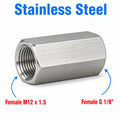 Stainless steel M12x1.5 female to BSP G 1/8 inch female sensor adaptor fitting, MC Motoparts APS conversion fitting, shiny metallic finish
