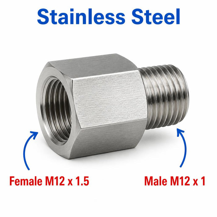Stainless steel M12x1.5 female to M12x1 male sensor adaptor fitting conversion by MC Motoparts, APS0207.
