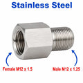 Stainless steel M12x1.5 female to M12x1.25 male sensor adaptor fitting for conversion, shown in close-up image.