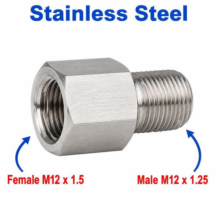 Stainless steel M12x1.5 female to M12x1.25 male sensor adaptor fitting for conversion, shown in close-up image.