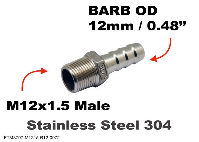 Stainless steel M12x1.5 male to 12mm barb hose connector adaptor fitting for fluid connections, by MC Motoparts