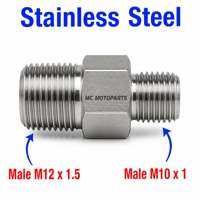 Stainless steel MC Motoparts APS M12x1.5 male to M10x1 male sensor adaptor fitting for conversion, showing metal fittings.