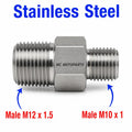 Stainless steel MC Motoparts APS M12x1.5 male to M10x1 male sensor adaptor fitting for conversion, showing metal fittings.