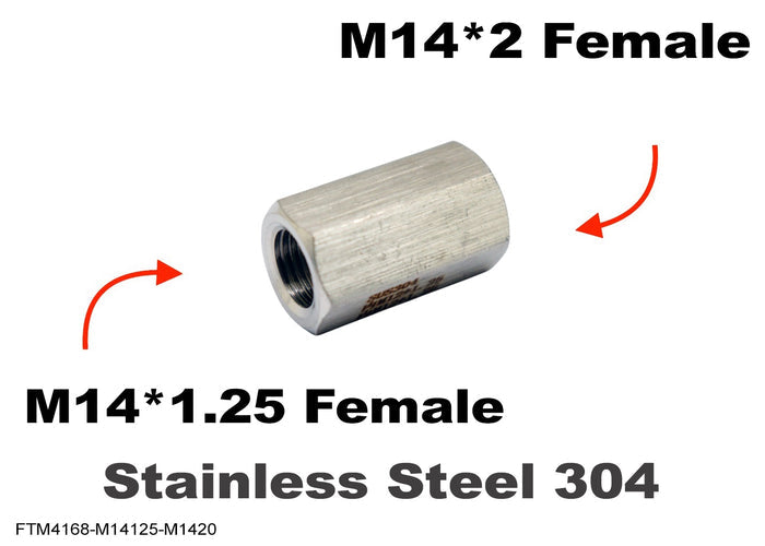 Stainless steel M14×1.25 female to M14×2 female sensor adaptor fitting for motorcycle or automotive conversions.