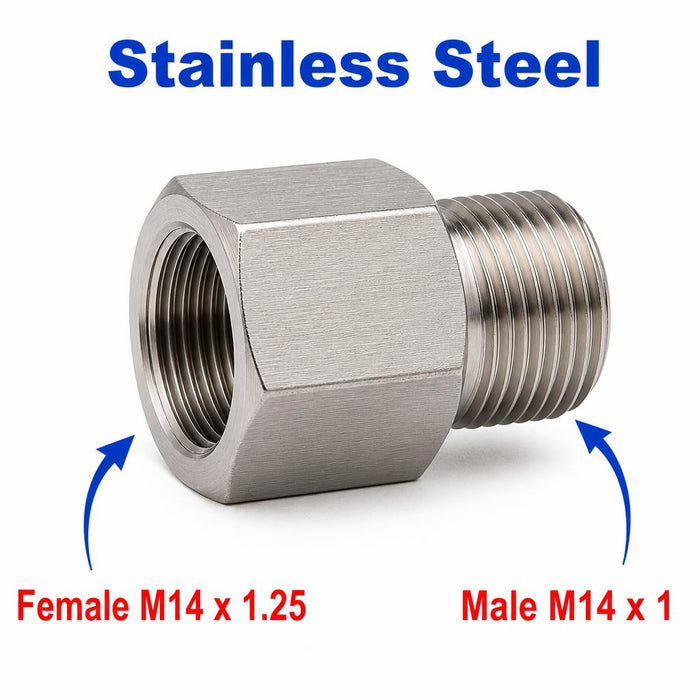 Stainless steel MC Motoparts M14x1.25 female to M14x1 male sensor adaptor fitting, APS conversion fitting, close-up view