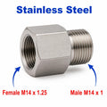 Stainless steel MC Motoparts M14x1.25 female to M14x1 male sensor adaptor fitting, APS conversion fitting, close-up view