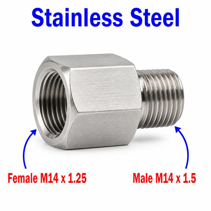Stainless steel M14x1.25 female to M14x1.5 male sensor adaptor fitting, MC Motoparts APS conversion fitting, durable metal construction
