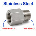Stainless steel MC Motoparts M14x1.25 female to M20x1.5 male sensor adaptor fitting for conversion, showing threaded ends.