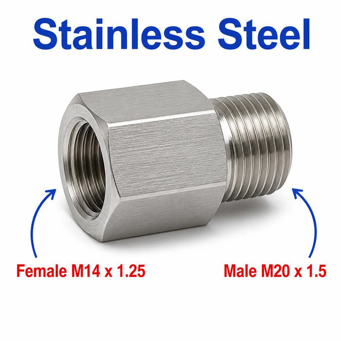 Stainless steel MC Motoparts M14x1.25 female to M20x1.5 male sensor adaptor fitting for conversion, showing threaded ends.