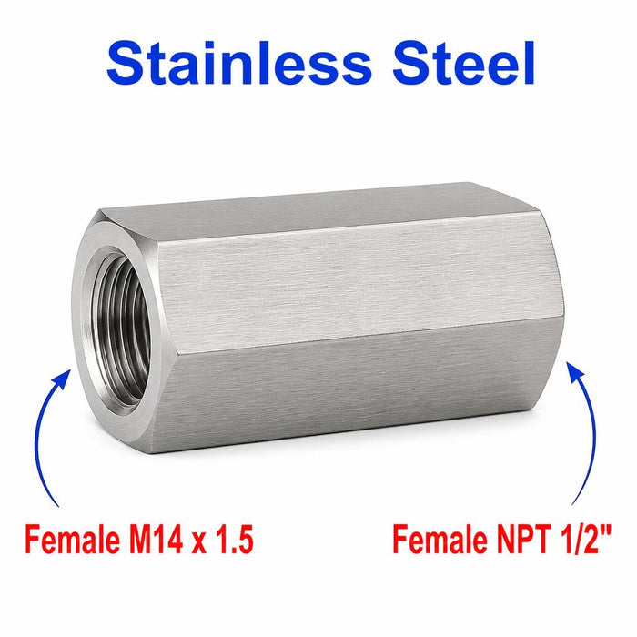 Stainless steel M14x1.5 female to 1/2 inch NPT female sensor adaptor fitting, APS conversion by MC Motoparts.