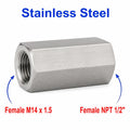 Stainless steel M14x1.5 female to 1/2 inch NPT female sensor adaptor fitting, APS conversion by MC Motoparts.