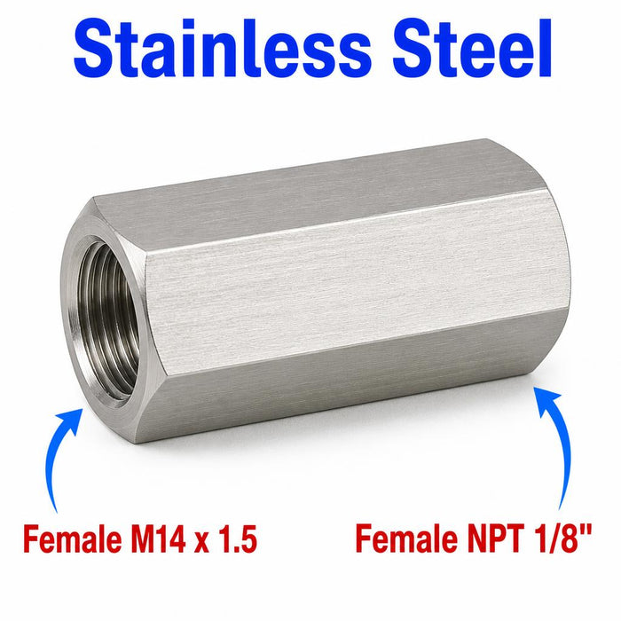 Stainless steel M14x1.5 female to 1/8 inch NPT female sensor adaptor fitting for conversion, by MC Motoparts.