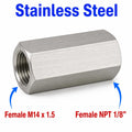 Stainless steel M14x1.5 female to 1/8 inch NPT female sensor adaptor fitting for conversion, by MC Motoparts.