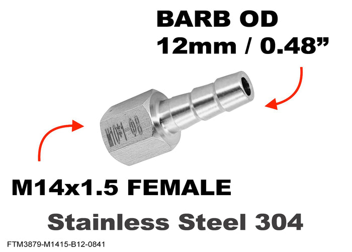 Stainless steel M14x1.5 female to 12mm barb hose connector adaptor fitting for automotive and hydraulic applications.